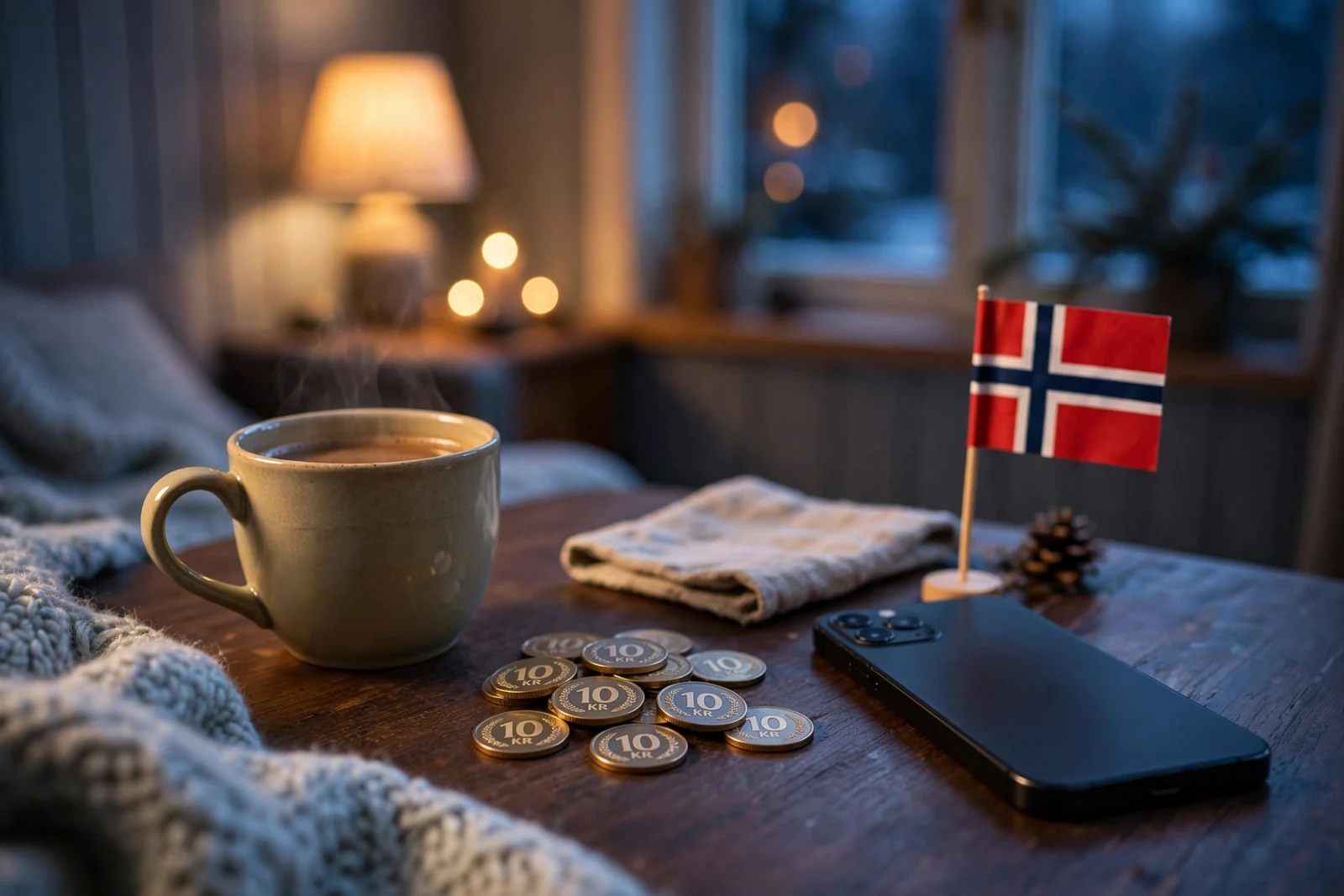 Norske 10-kroners mynter på et bord ved siden av en kaffekopp i et koselig hjem.