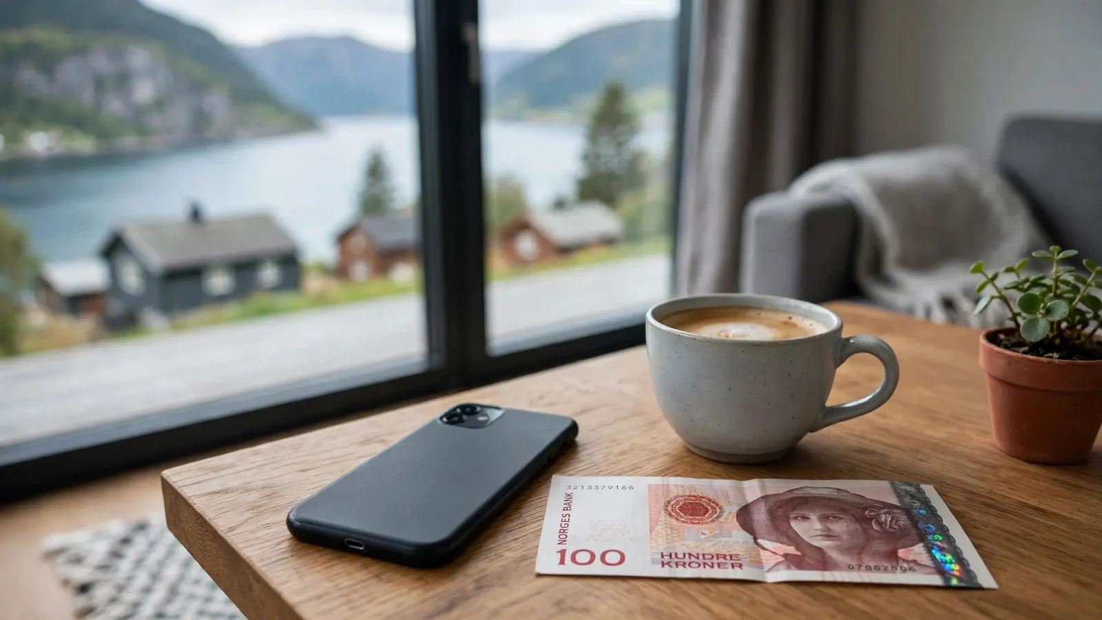Smartphone og hundre kroner seddel på et norsk hjemmebord