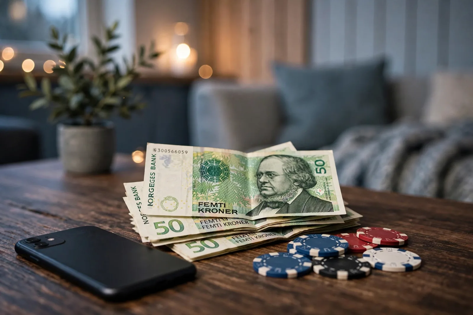 Norske 50-kroner sedler og casinobrikker på et trebord
