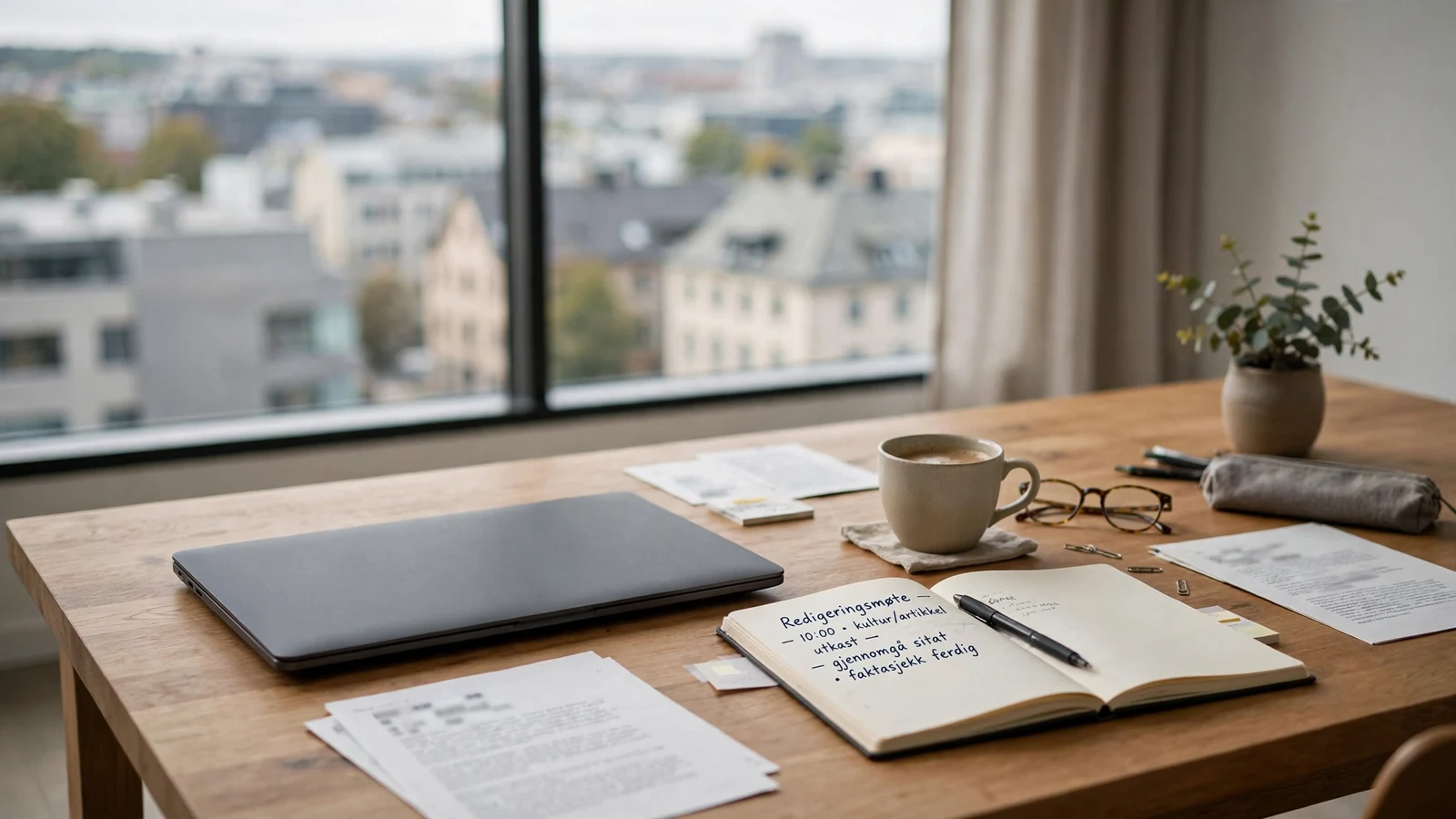 Moderne redaksjonspult med bærbar PC, notatbok og kaffekopp i et lyst nordisk kontor.