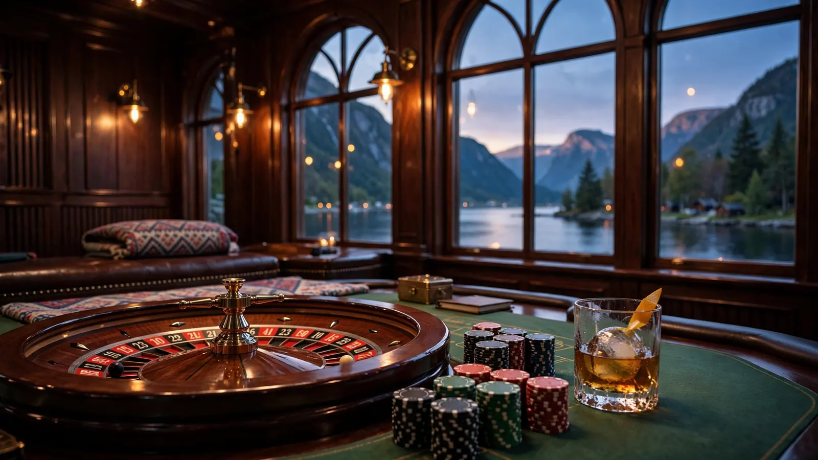 Elegant casinospillopplevelse med rulettbord og jetonger i mørk norsk-inspirert atmosfære