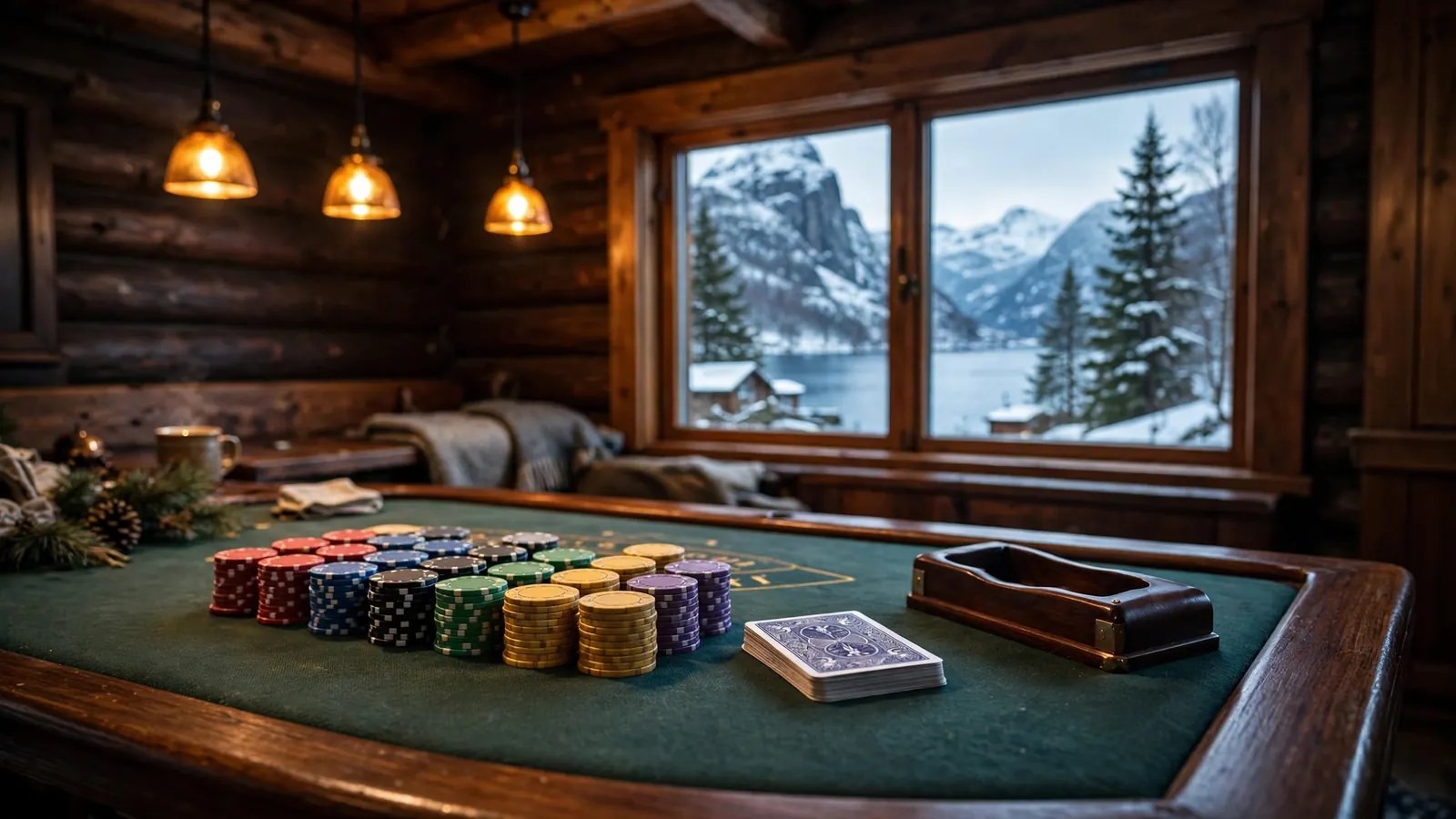 Blackjack-bord med jetonger og kort i norsk casinostil