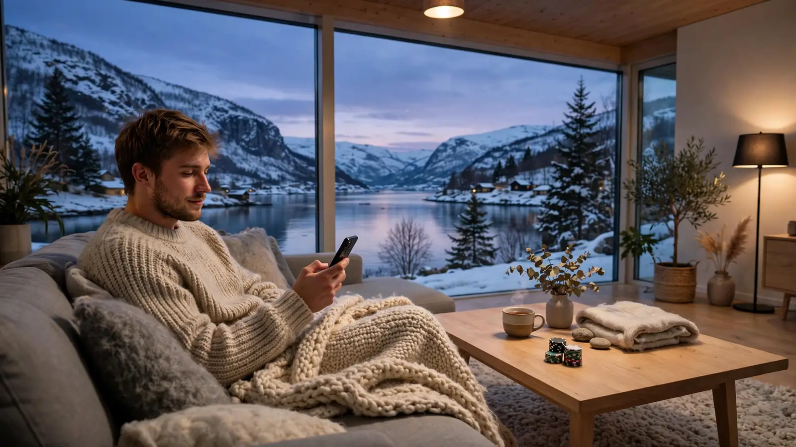 Person i moderne norsk stue som holder mobiltelefon på sofaen