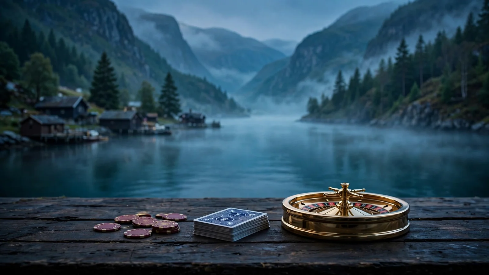 Norsk fjordlandskap med casinobrikker og rulett i forgrunnen