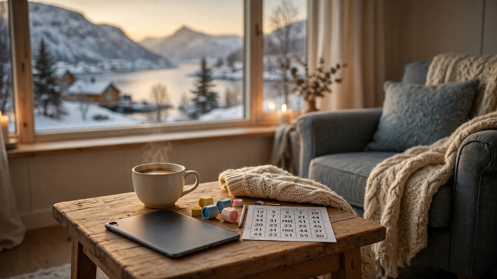 Koselig stue med bingoutstyr og utsikt over norsk fjord