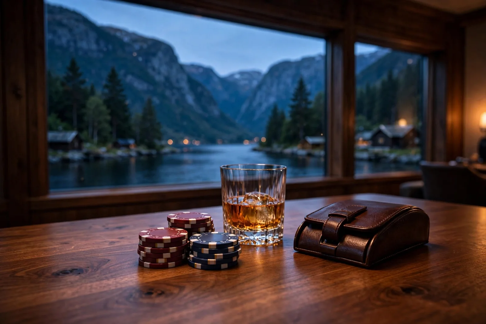 Casinochips og whiskyglass på bord med utsikt over norsk fjord