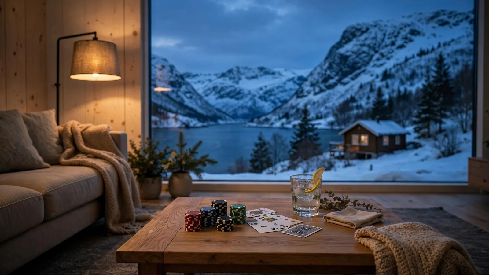 Koselig stue med casinokveldsstemning og utsikt over norsk fjord i skumringen