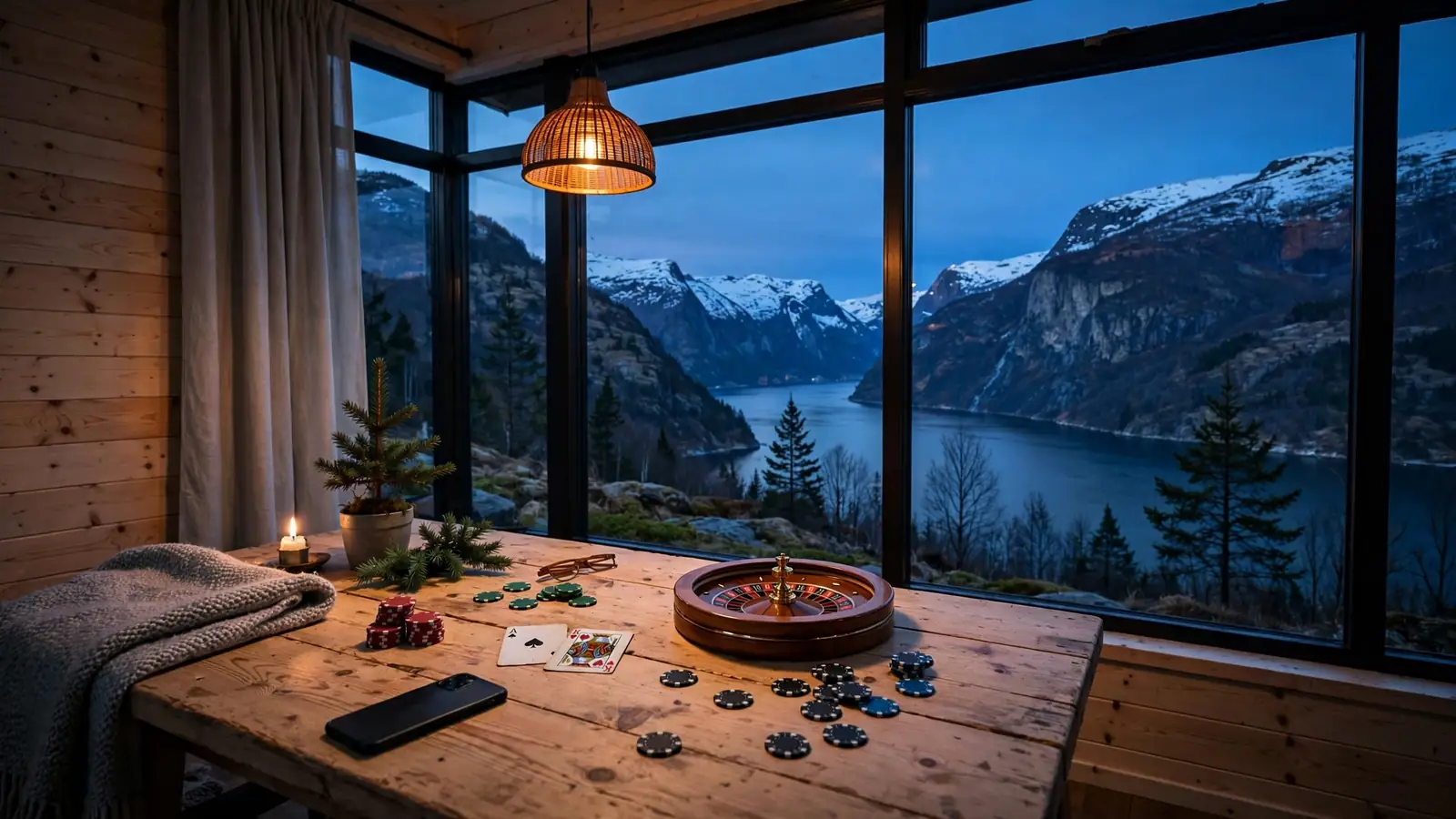 Norsk stue med casinobrikker, rulettbord og fjordutsikt i skumring