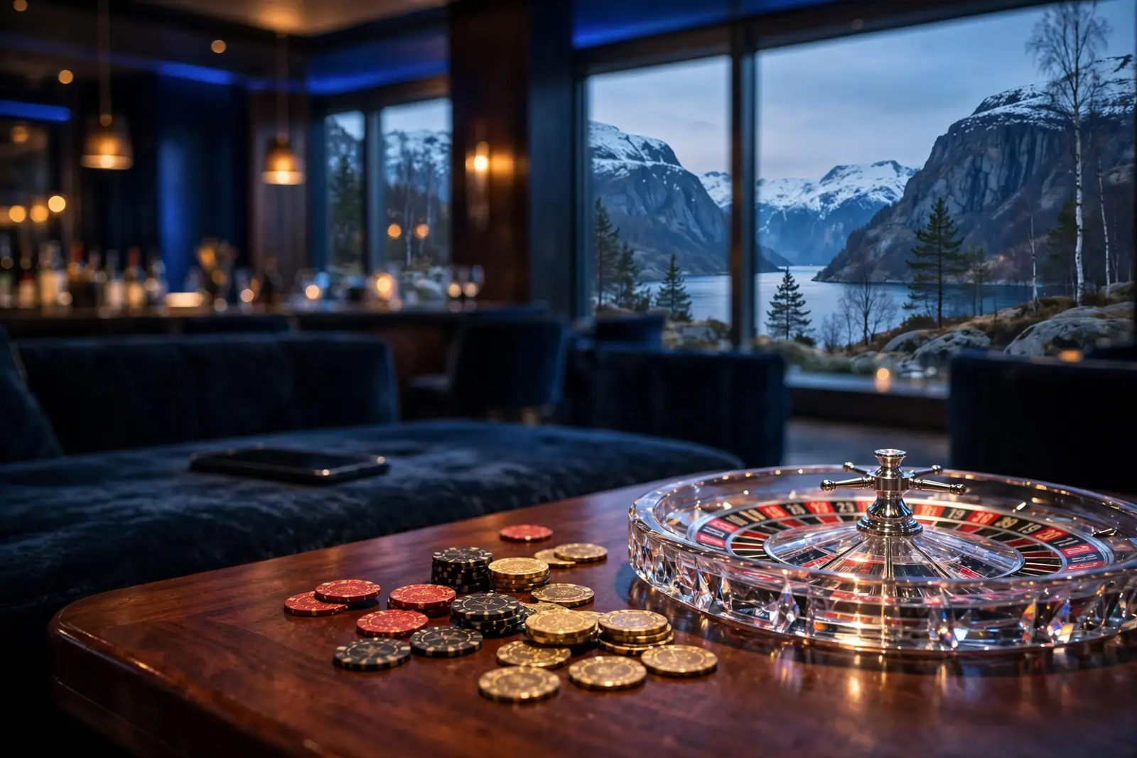 Elegant casinobord med jetonger og rulett, dempet belysning og norsk fjord i bakgrunnen