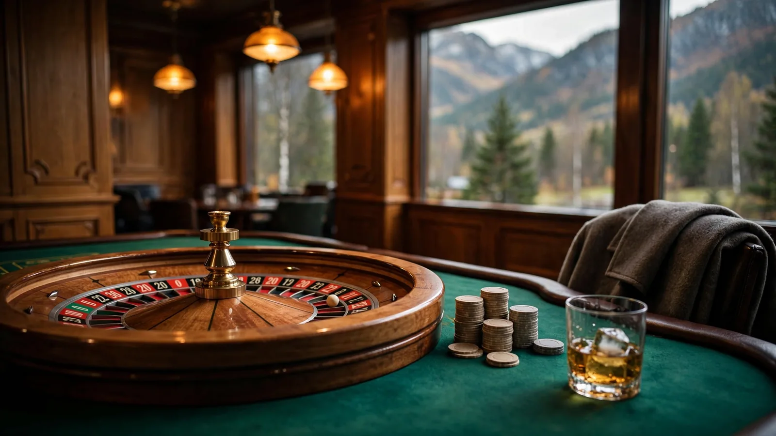 Elegant roulette-bord i et norsk casino med fjelldaler i bakgrunnen