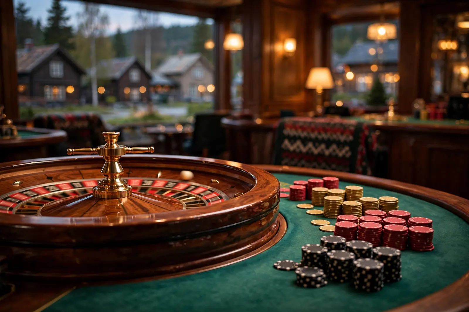 Elegant roulettehjul på et grønt bord med fargerike casinojetonger