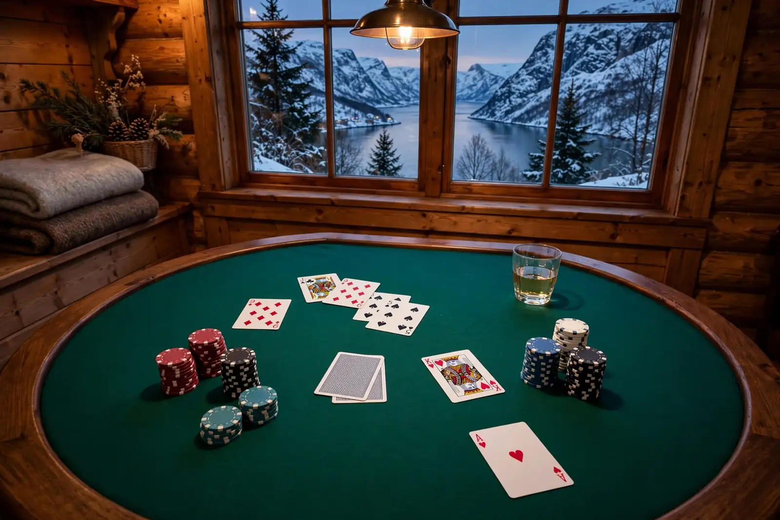 Blackjack-bord i en norsk hytte med kort og jetonger