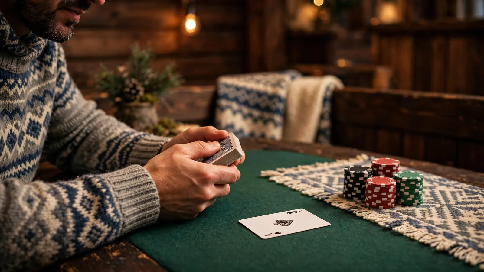 Blackjack-dealer som deler ut kort ved et grønt casinobord med jetonger