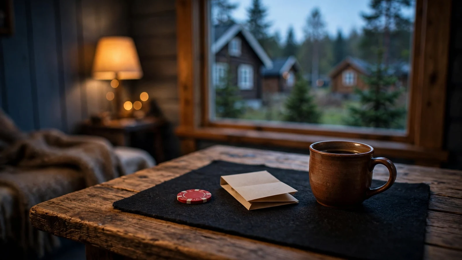 Bord med rulettbrikke, tippekupong og kaffekopp i dempet norsk belysning.