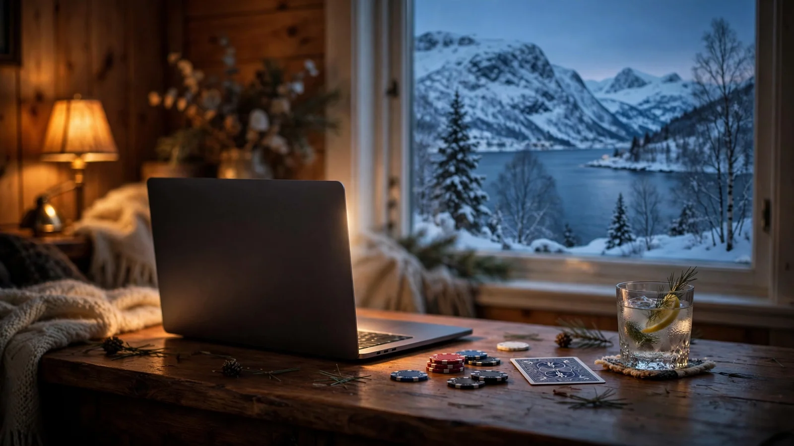 Bord med bærbar PC, jetonger og kort i norsk vinterstemning