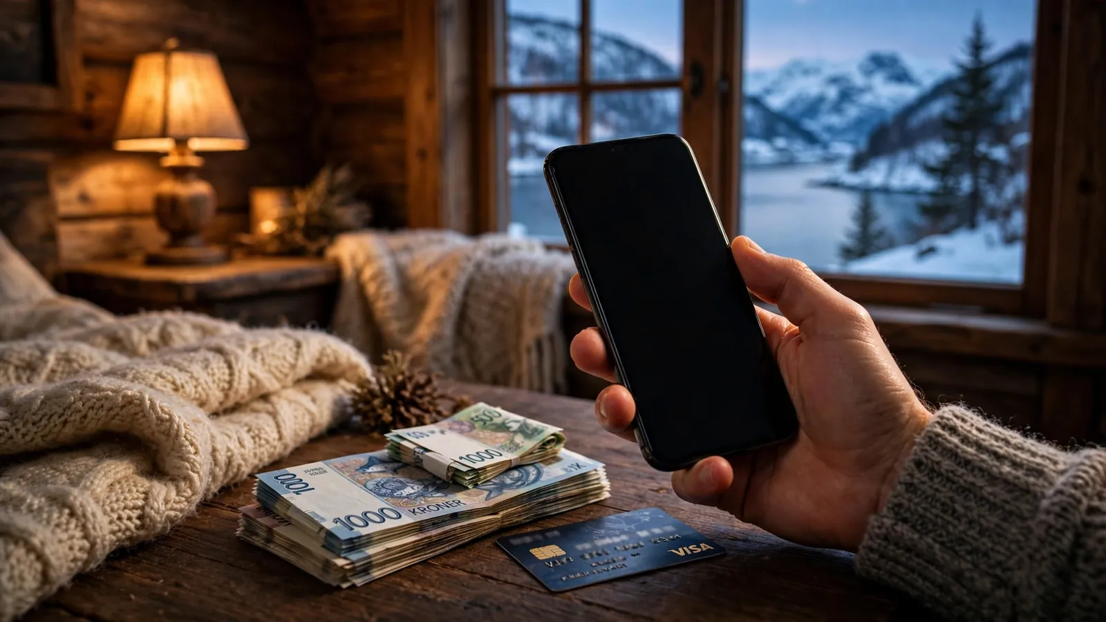 Hånd som holder telefon med norske kroner sedler på bord