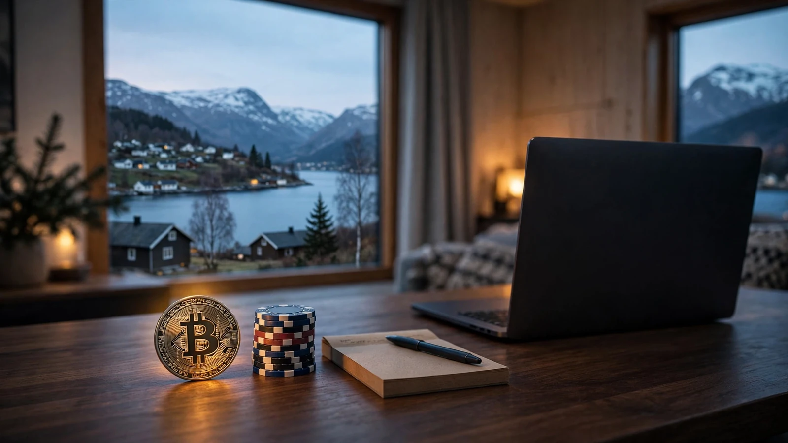 Bitcoin-token, casinobrikker og laptop på norsk bord i skumring