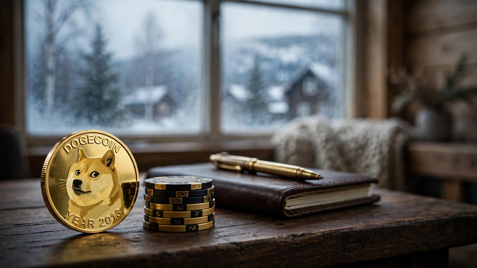 Dogecoin-mynt og casinojetonger på et norsk trebord