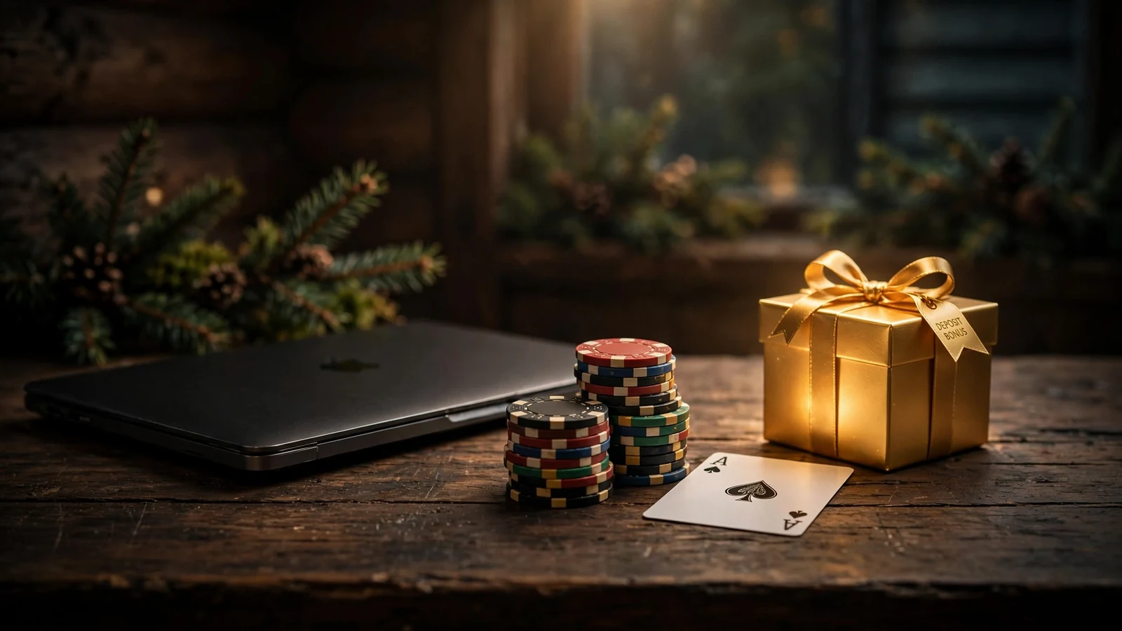 Stablede casinobrikker og en lukket laptop med en gullgave på bordet