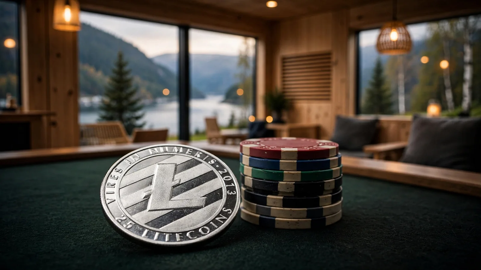Litecoin-mynt på casinobord med jetonger i norsk lounge