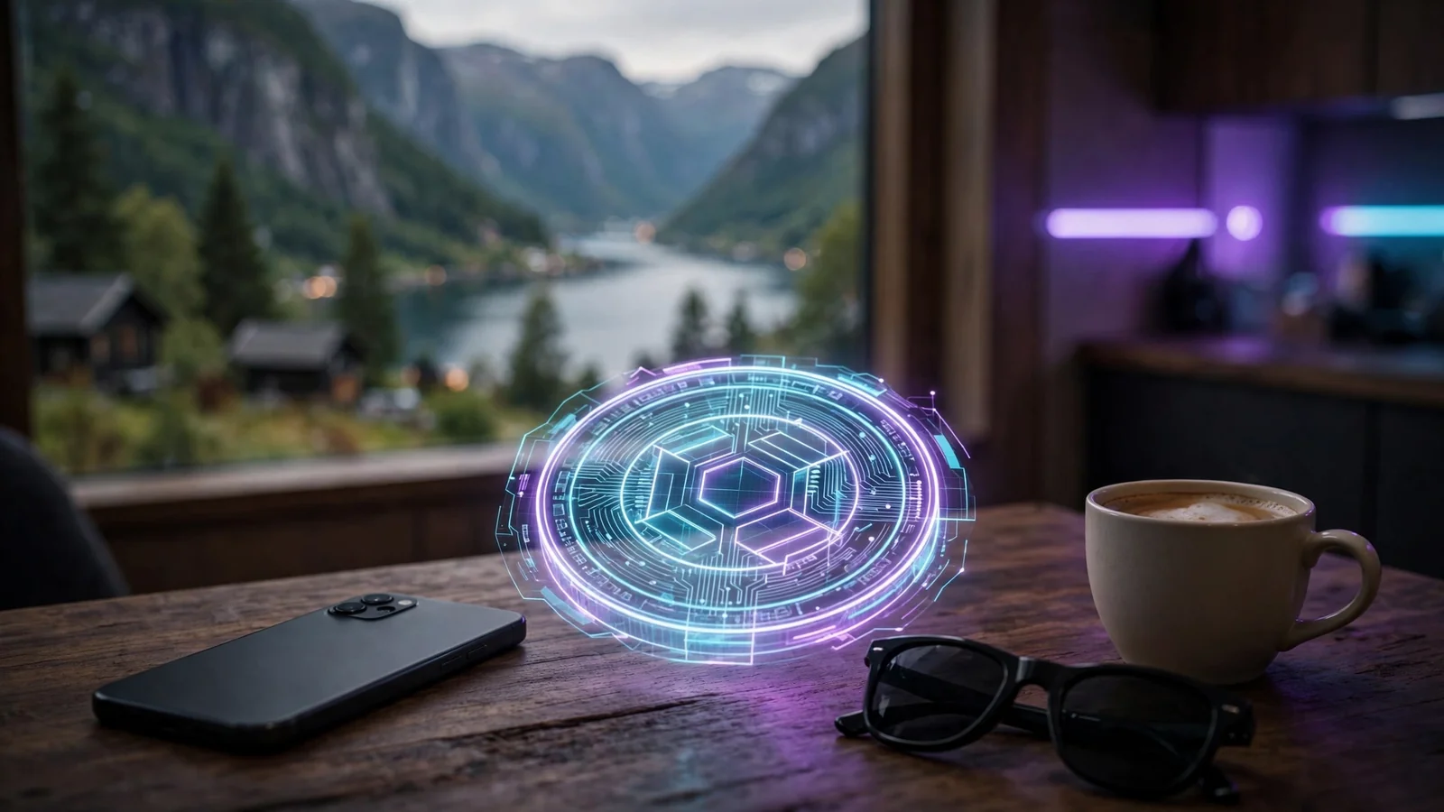 Smarttelefon ved en glødende TRON-kryptomynt med norsk fjord i bakgrunnen