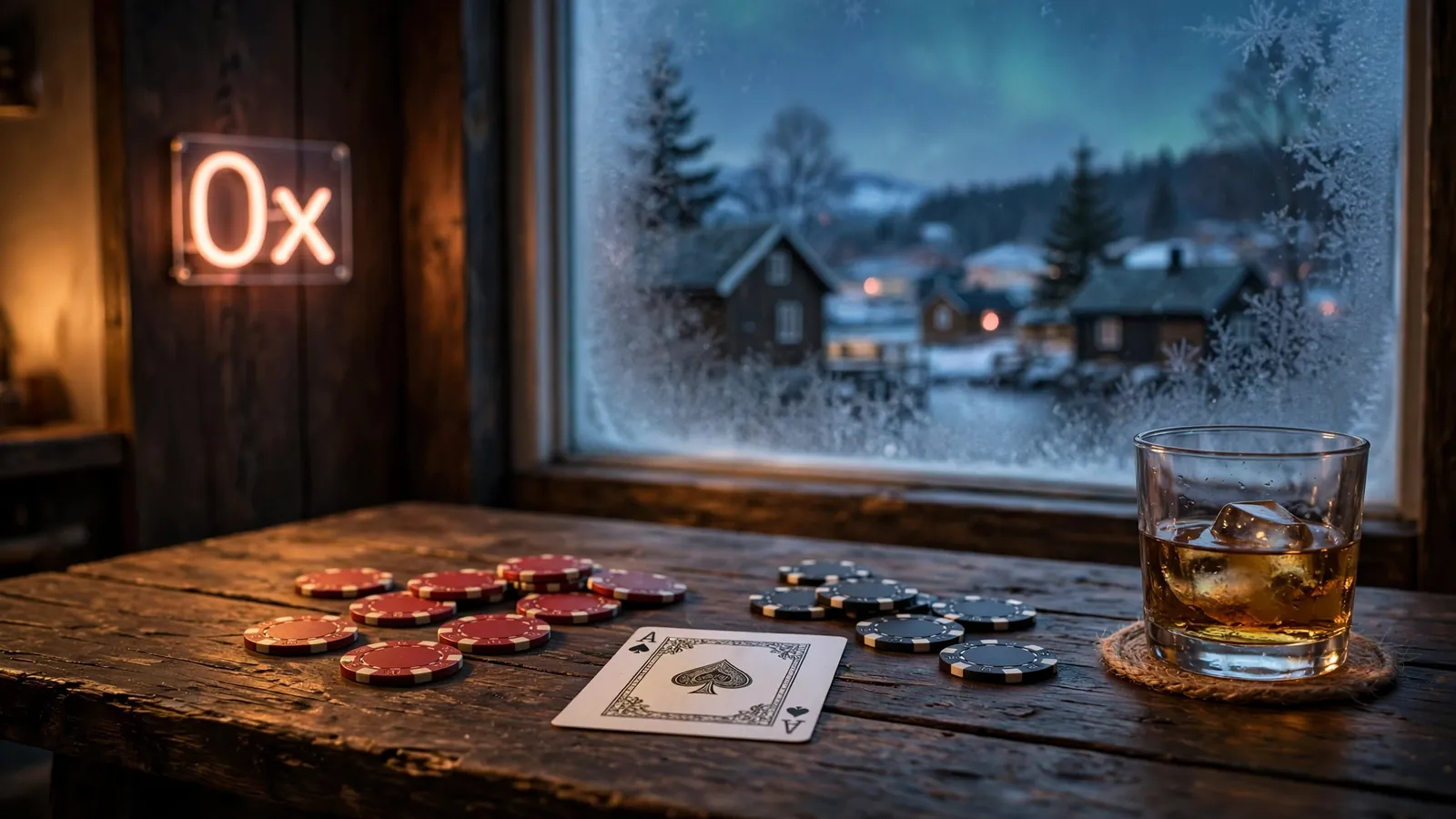 Casino-chips, spillkort og en '0x' neonskilt på et mørkt bord