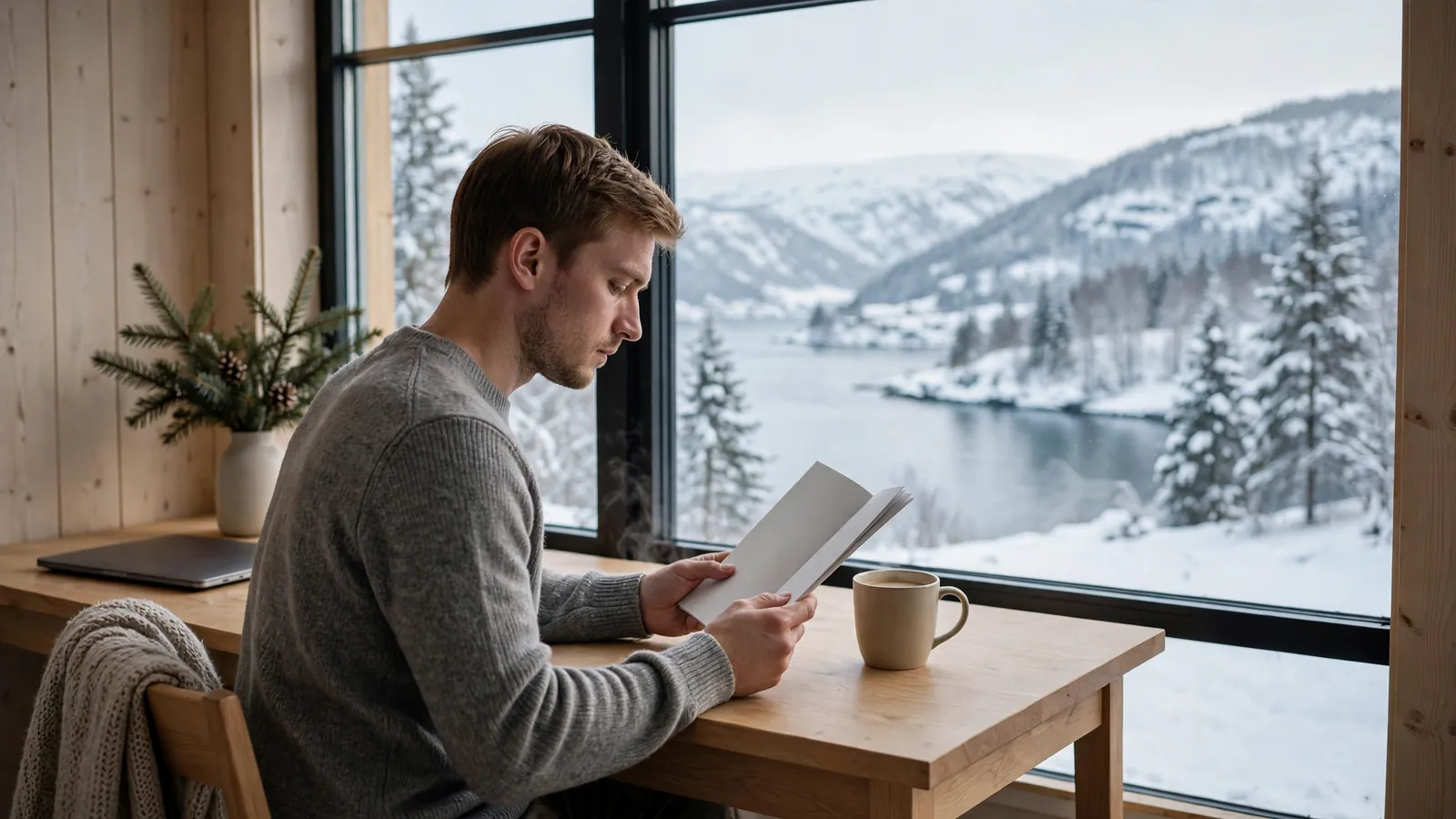 Mann leser en casinoguide hjemme med kaffe og lukket laptop