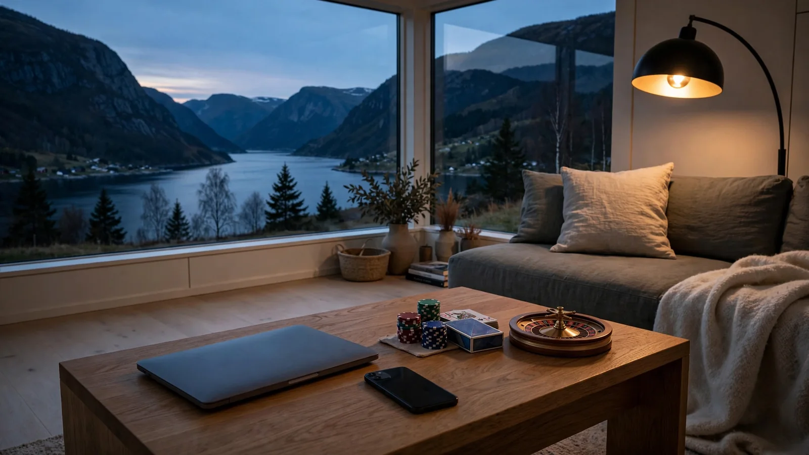 Moderne norsk stue med kort, jetonger og lukket laptop ved skumring