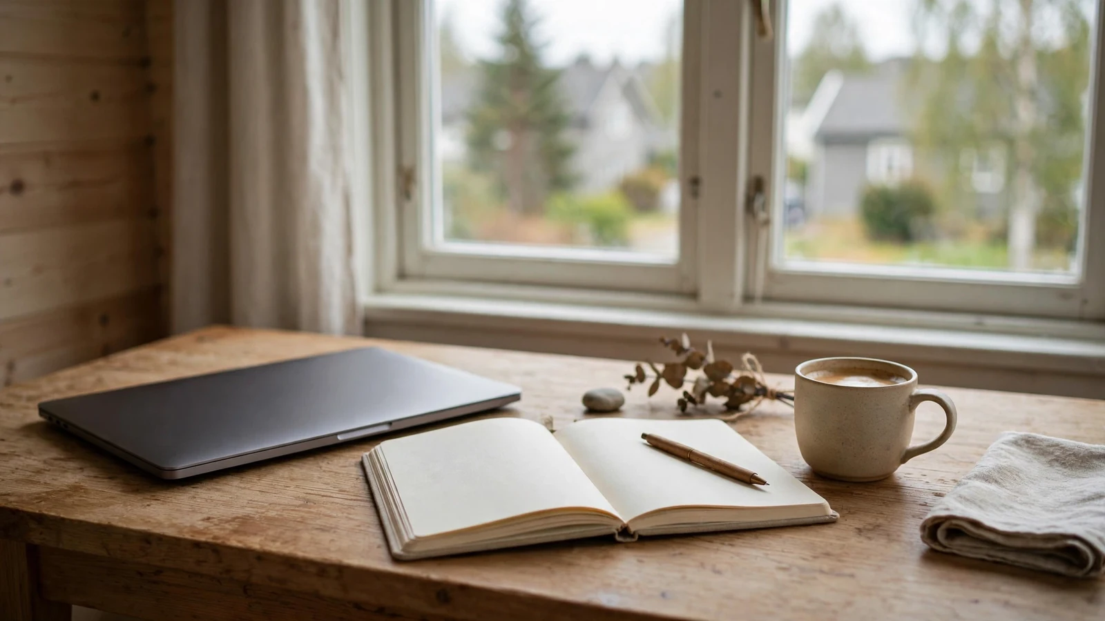 Koselig norsk hjemmekontor med kaffekopp og åpen notatbok ved et arbeidsbord.