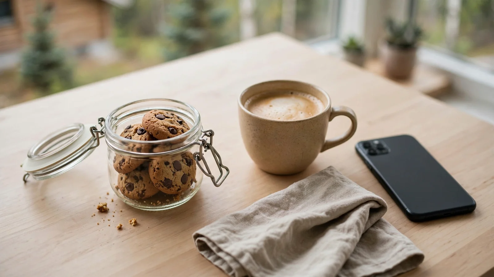 Glassburk med informasjonskapsler og en kopp kaffe på et minimalistisk skrivebord