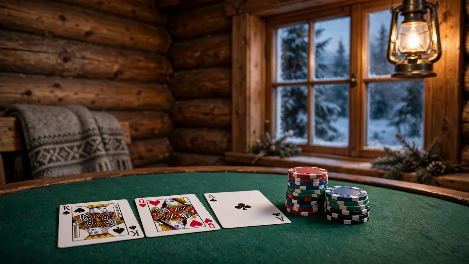 Blackjack-kort og casinobrikker på et grønt bord i en norsk hytte