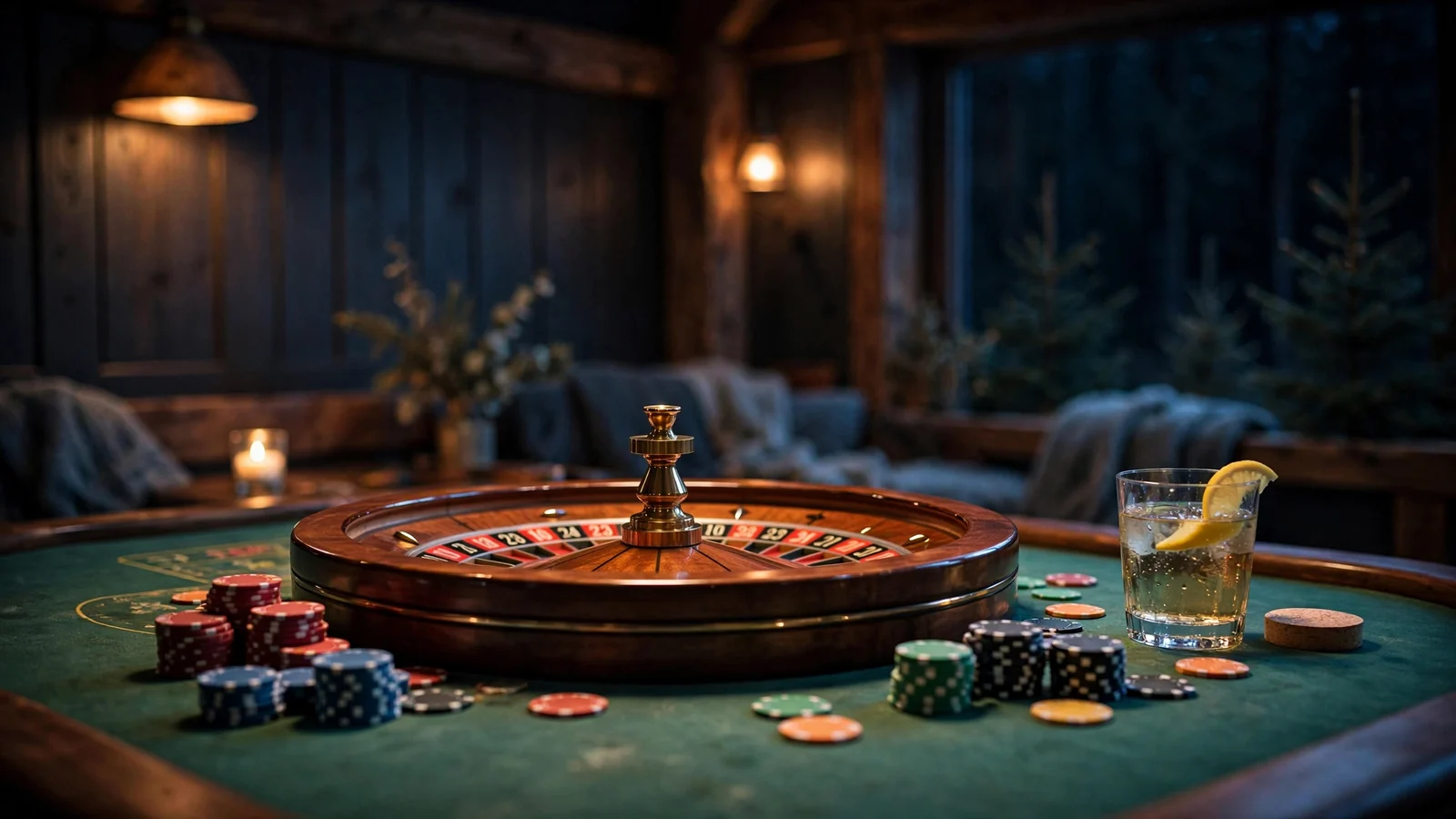 Klassisk roulettehjul på et casino-bord med fargerike sjetonger og dempet belysning.