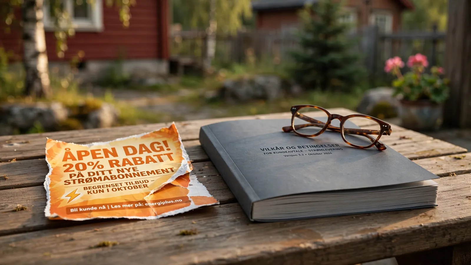 En opprevet reklame ved siden av et hefte med fulle bonusvilkår på et bord.