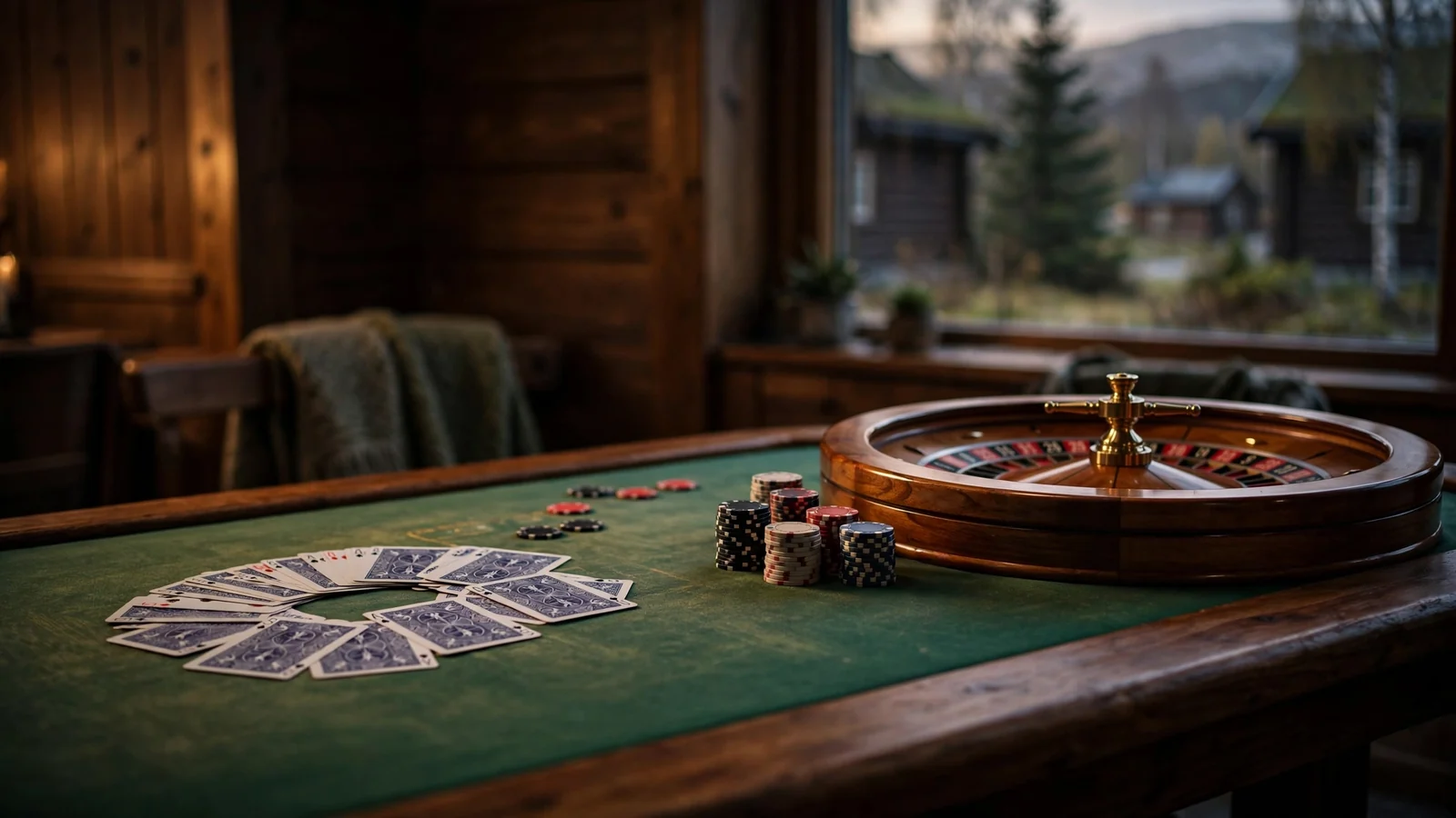 Et tomt casinobord med jetonger, kortstokk og roulettehjul i dempet belysning.