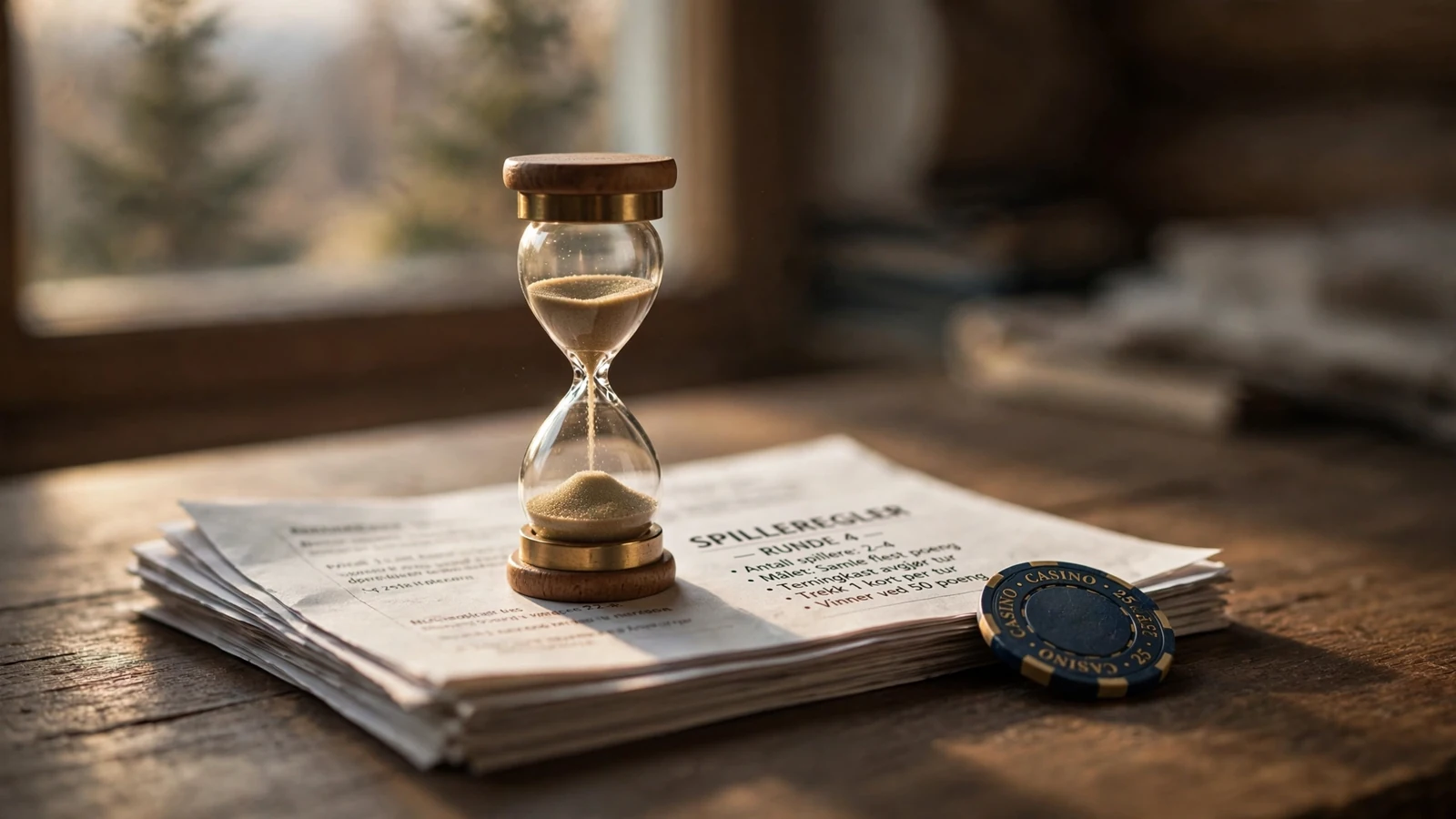 Et timeglass på spilleregler ved siden av en casinobrikke, symboliserer RTP over tid.