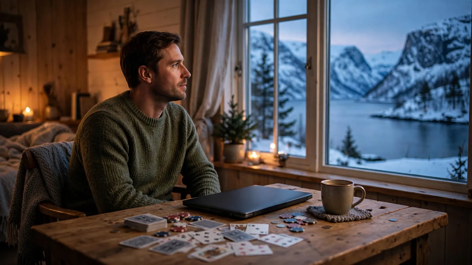 Person ved skrivebord med kort og jetonger, norsk vinterlandskap utenfor vinduet