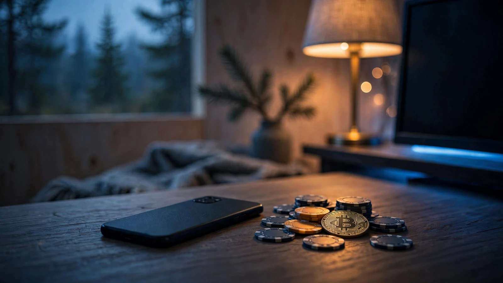Smarttelefon vendt ned med Bitcoin-mynt og casinobrikker på et mørkt nordisk bord
