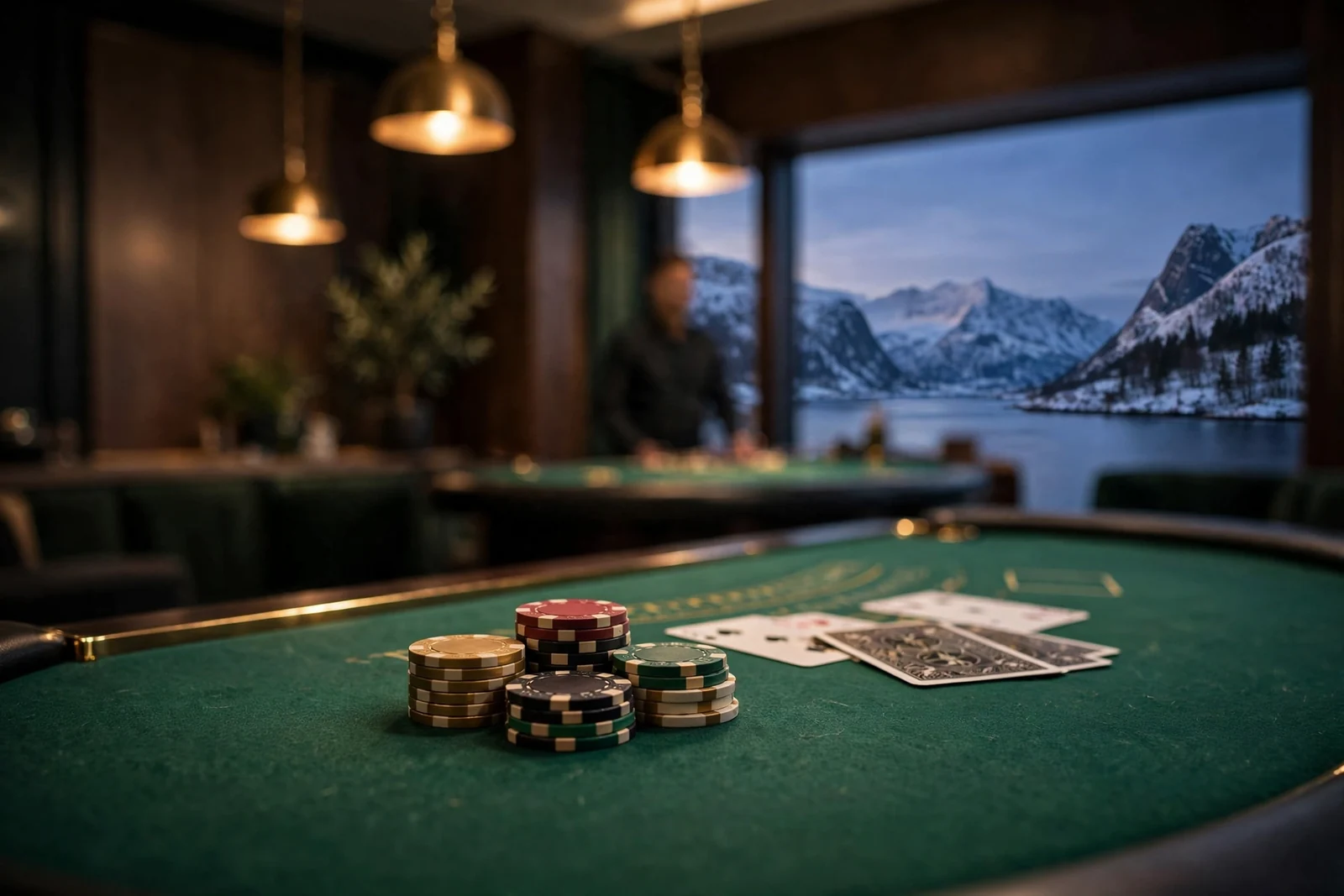 Elegant blackjack-bord med jetonger og kort i et norsk live casino-studio