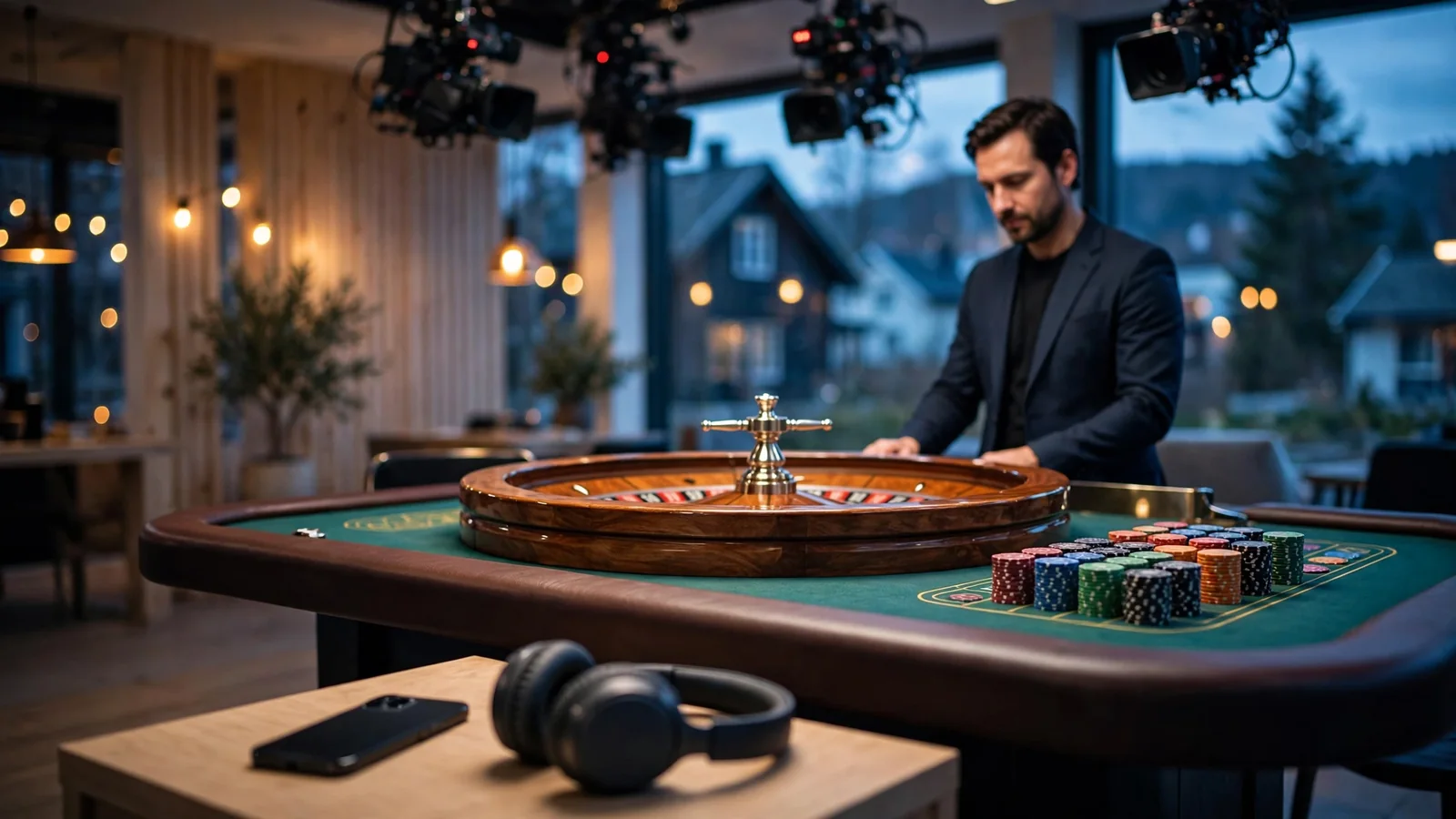 Elegant live roulette-studio med ekte dealer og moderne utstyr