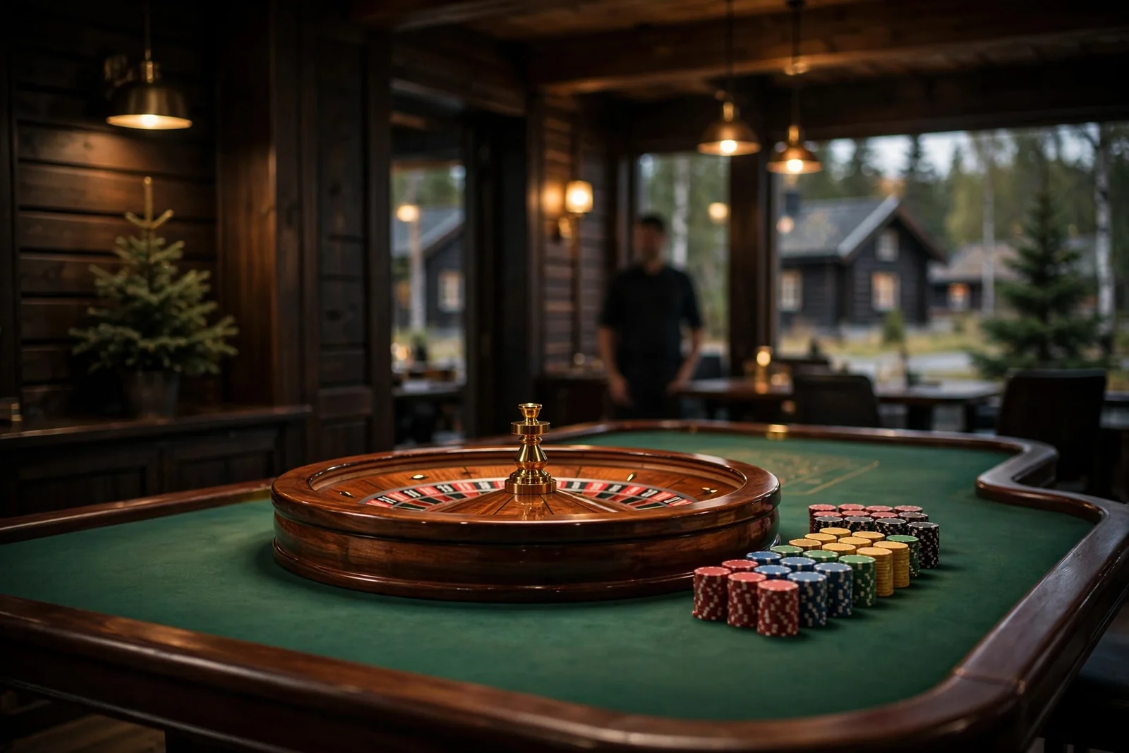 Elegant roulette-bord med hjul og jetonger i et mørkt casinostudio