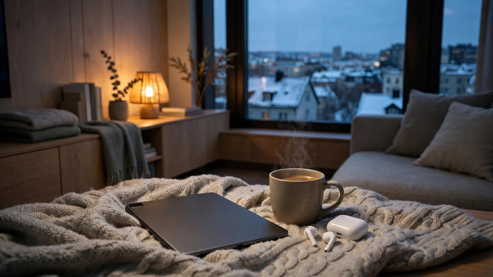 Koselig norsk stue med nettbrett og kaffe ved vinduet i skumringen