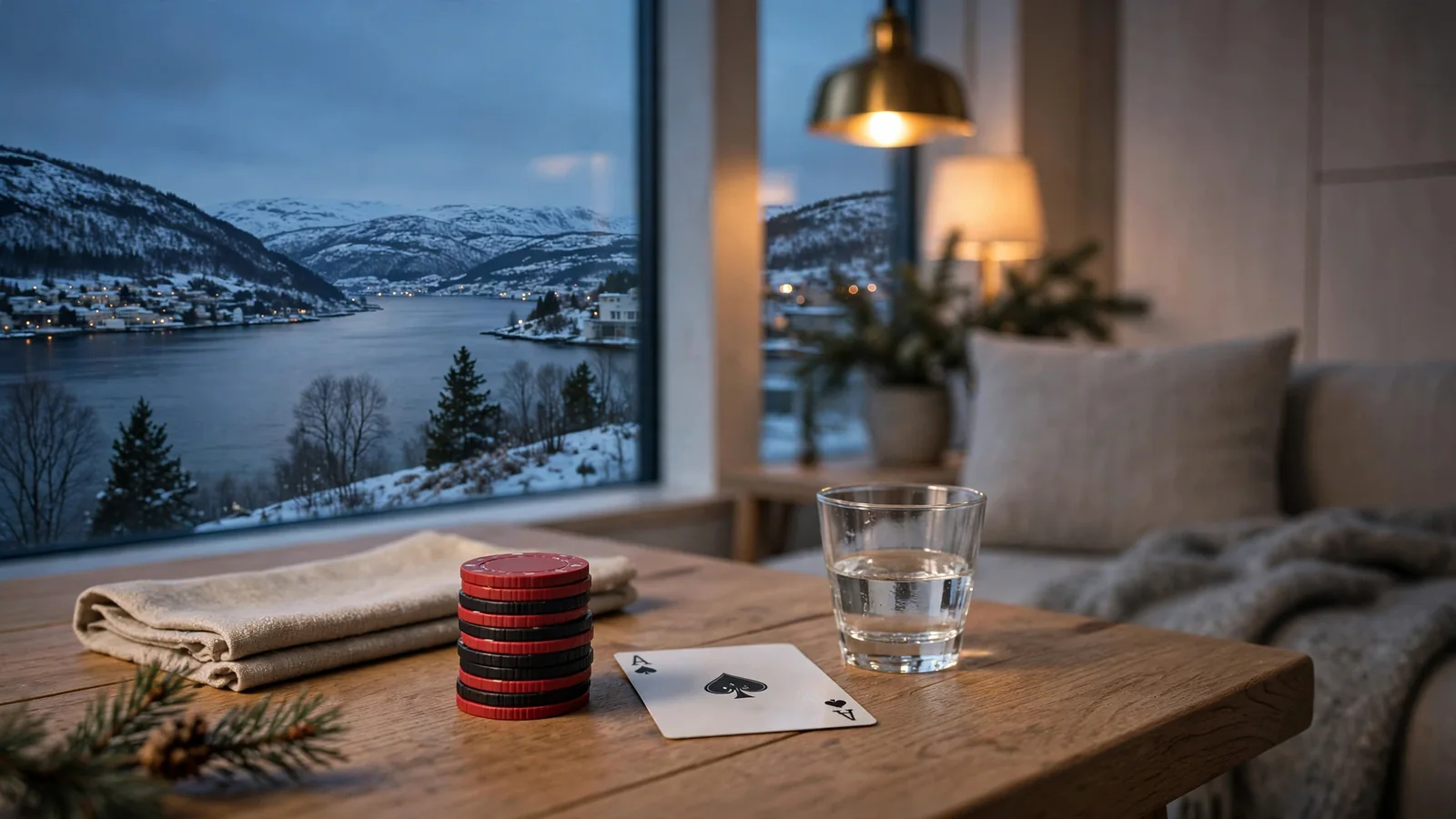 Casinochips og spillekort på et bord i en moderne norsk stue