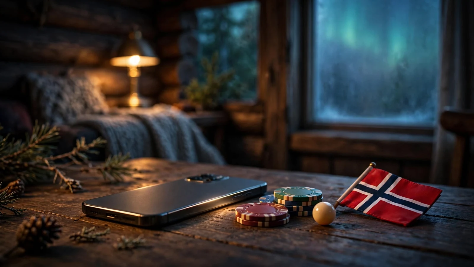 Casinochips og rulett på norsk hytt Bord med telefon med nordlys i vinduet