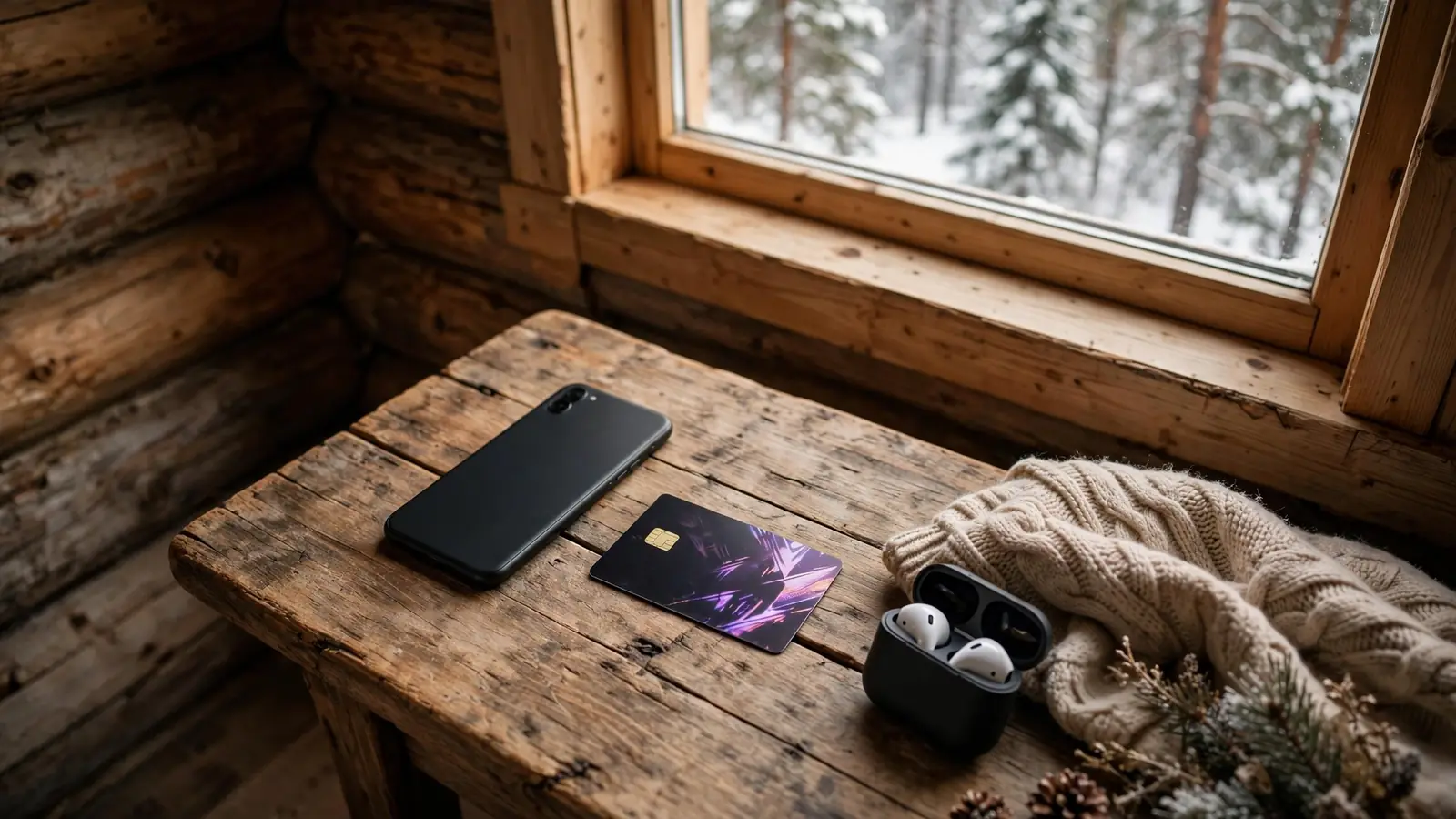 Bord med telefon og betalingskort i en norsk hytte