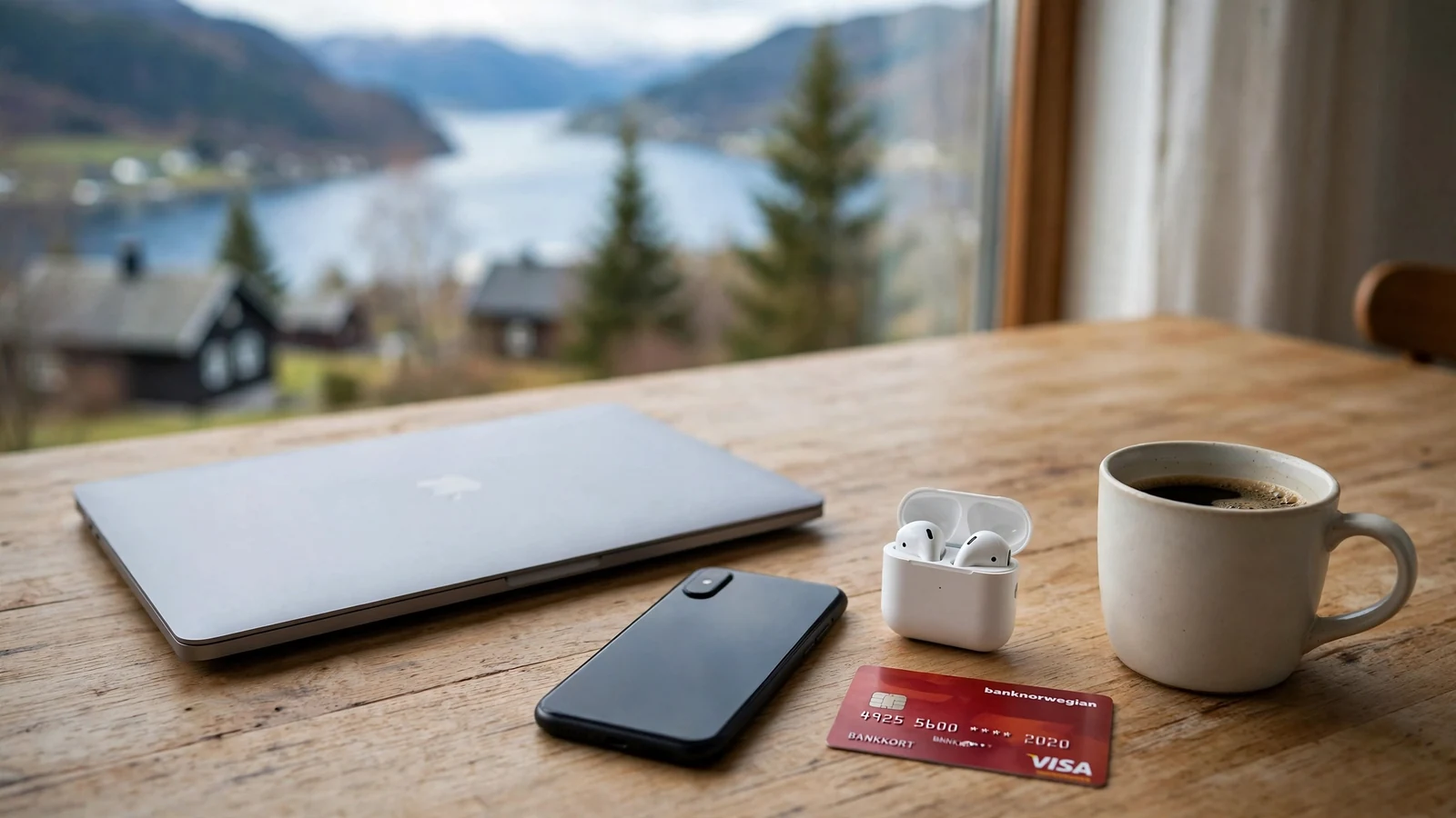 Skandinavisk hjemmekontor med laptop, bankkort og utsikt over norsk fjord