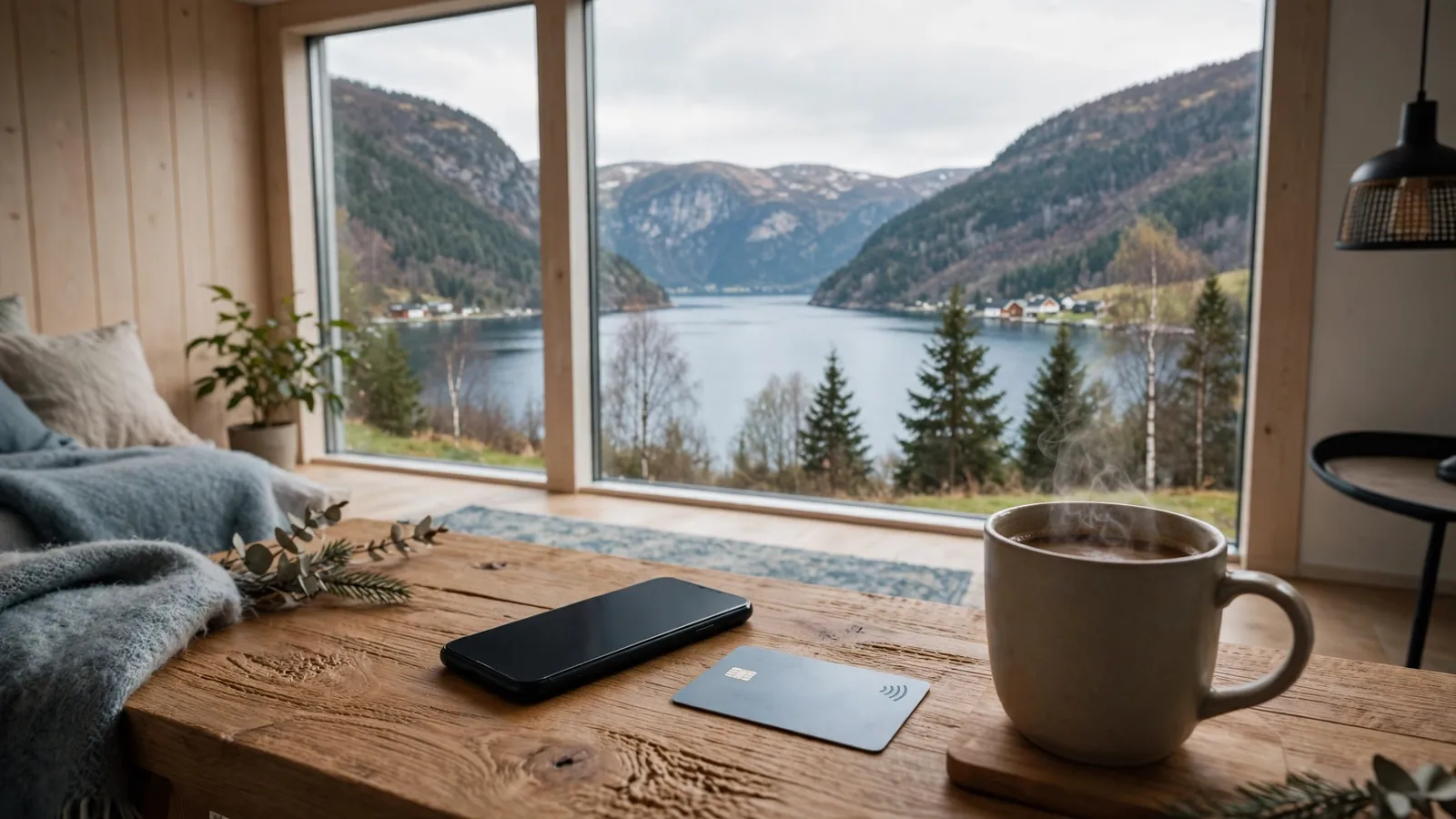 Smarttelefon og kontaktløst kort på et bord i en nordisk stue