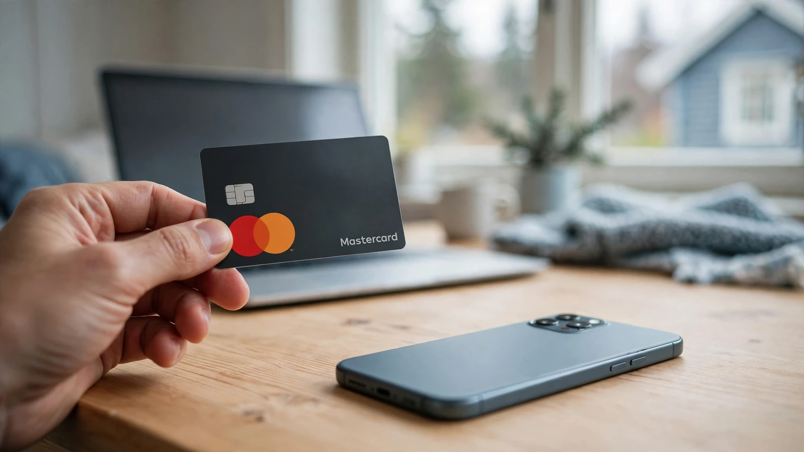 Hånd som holder Mastercard-kort ved smarttelefon i moderne norsk interiør