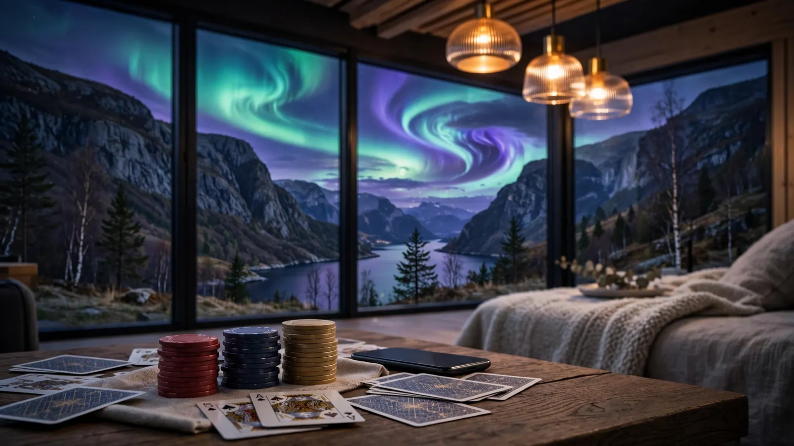 Stilfull skandinavisk lounge med casinobrikker, spillkort og nordlys over fjord
