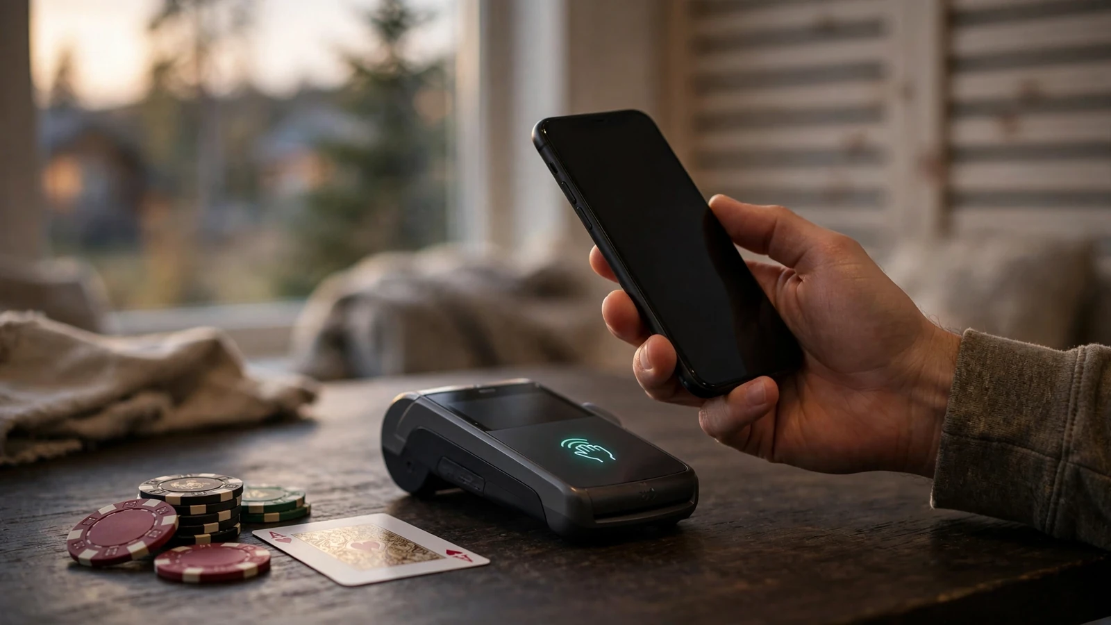 Hånd som holder en smarttelefon nær en betalingsterminal med casinoklikker ved siden av