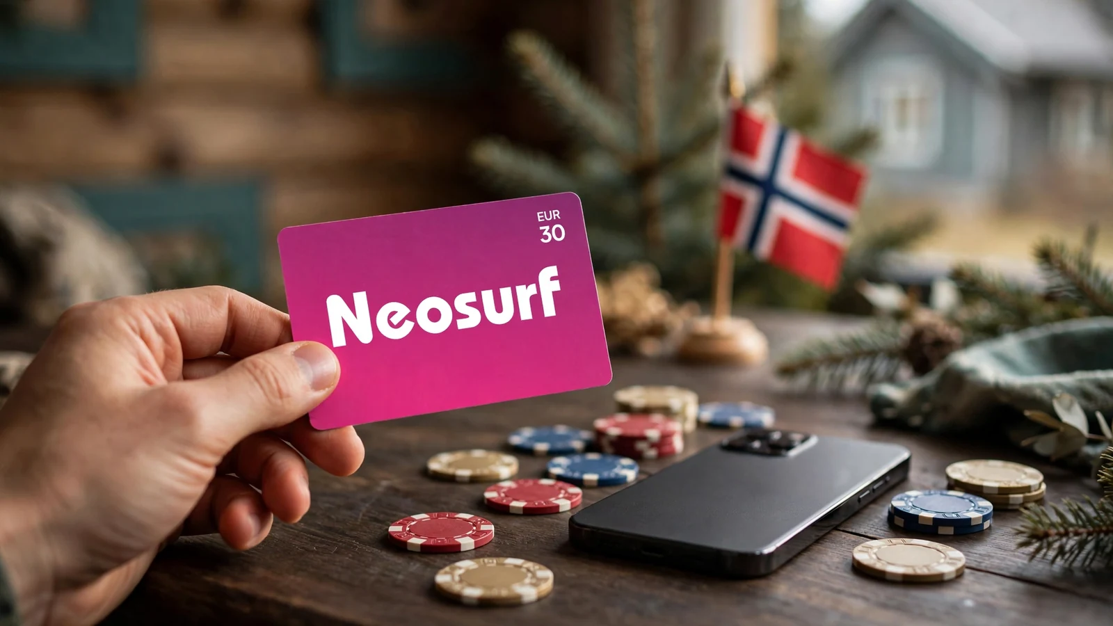 Neosurf-forhåndsbetalt kupong, casinojetonger og en smarttelefon på et nordisk bord